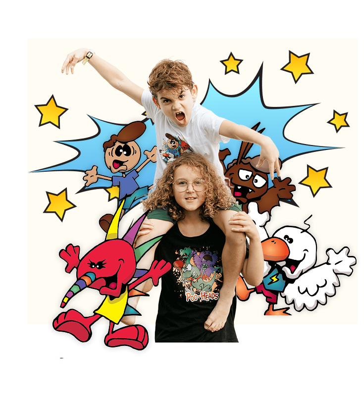 Carter and Marlow with the Poo-Heads characters